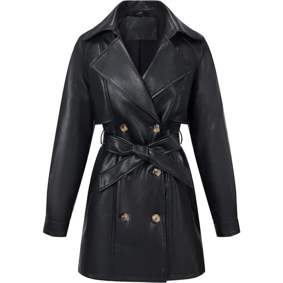 Risissida Women Mid Length Faux Leather Trench Coat Winter Belted Long Jacket - Picture 2 of 8